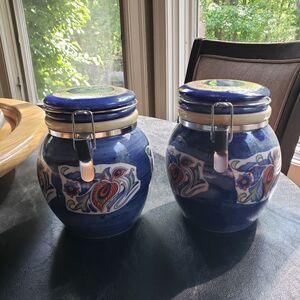 2 Blue Ceramic Canisters with Floral Design